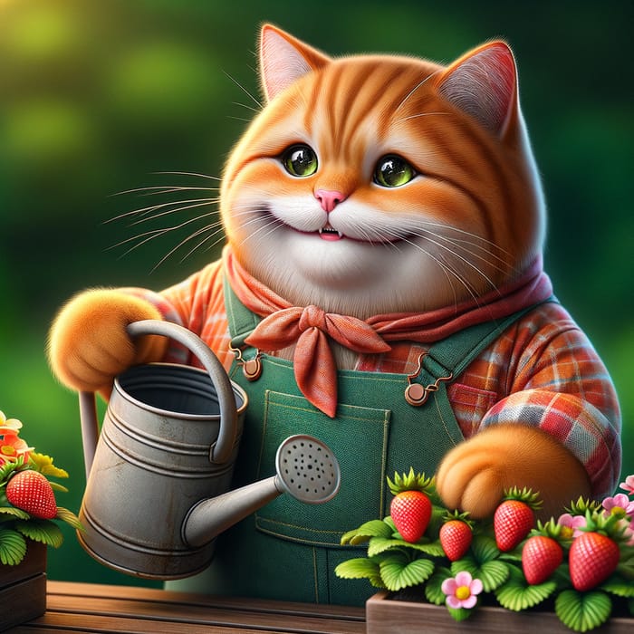 Charming Orange British Cat as a Gardener