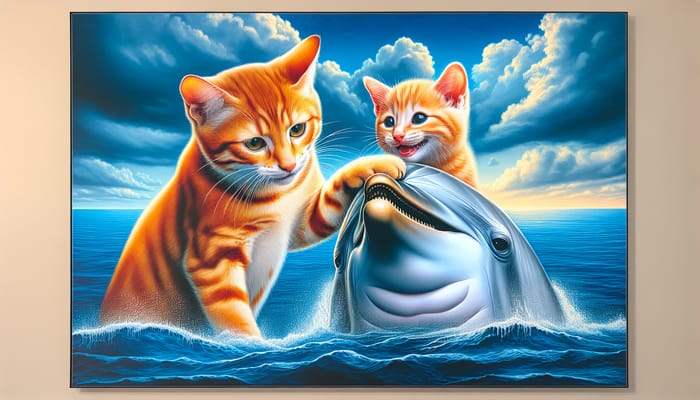 Ginger Feline Father & Kitten Pet Dolphin on Sea Shore