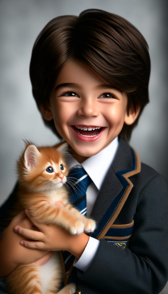 Dark-Haired 8-Year-Old Boy Laughing with Ginger Kitten in School Uniform