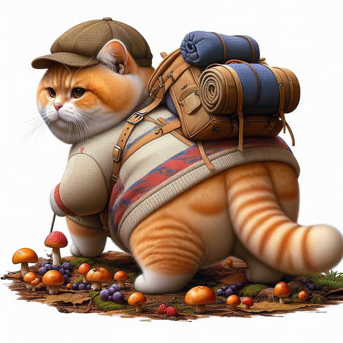 Small Plump British Orange Tabby Cat in Nature Gathering Mushrooms and Berries