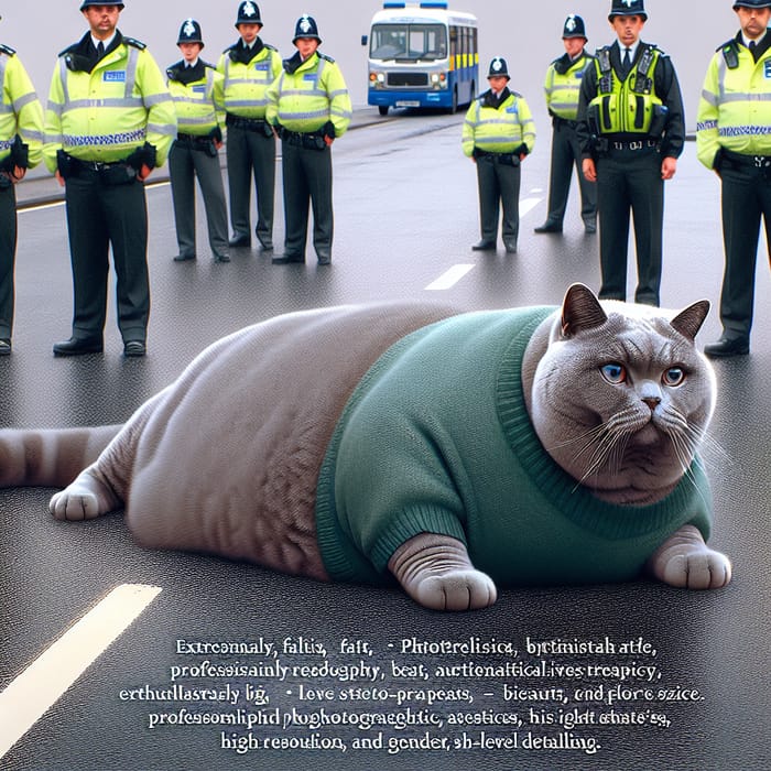 Large Grey British Cat in Green Sweater on Road