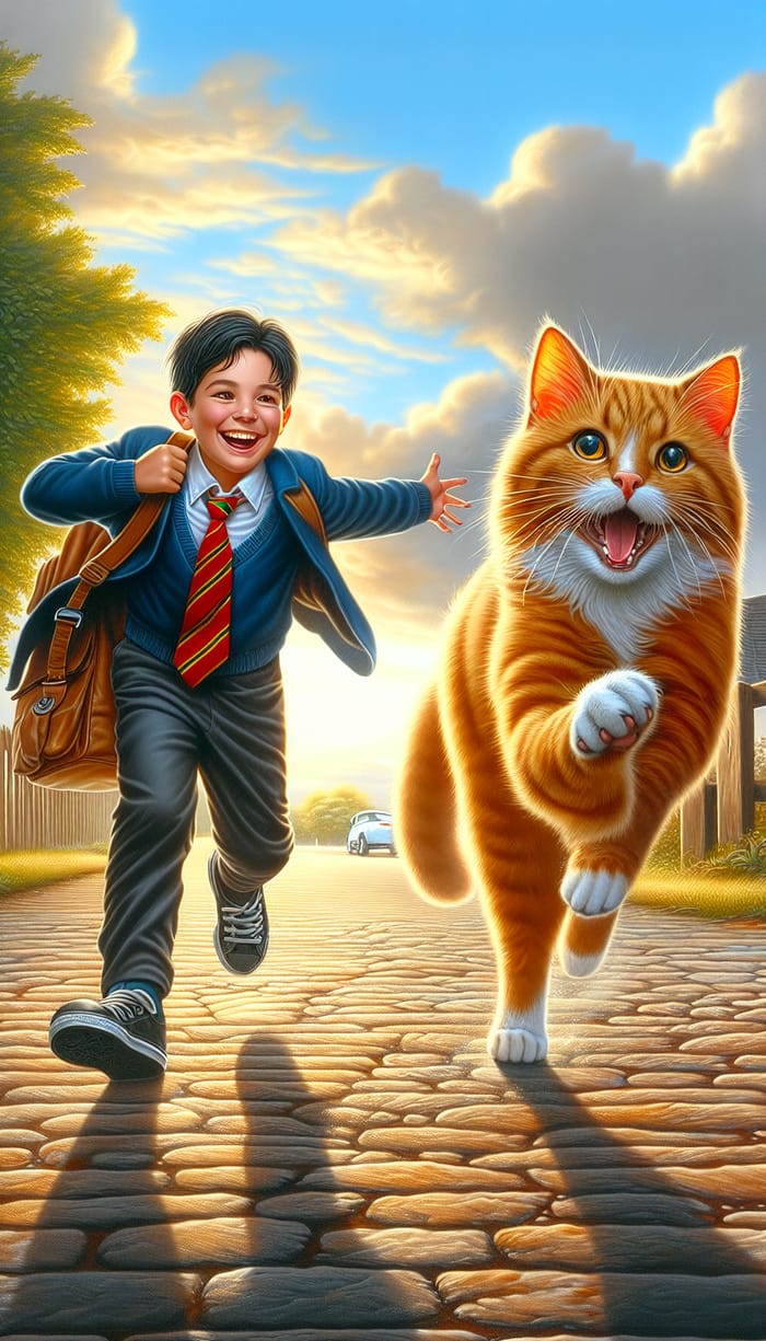 Ginger Cat Running to Dark-Haired 8-Year-Old Boy in School Uniform