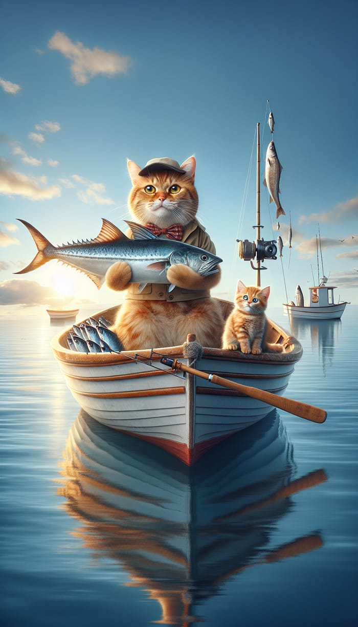 Adorable Ginger Scottish Cats Fishing in Realistic Style