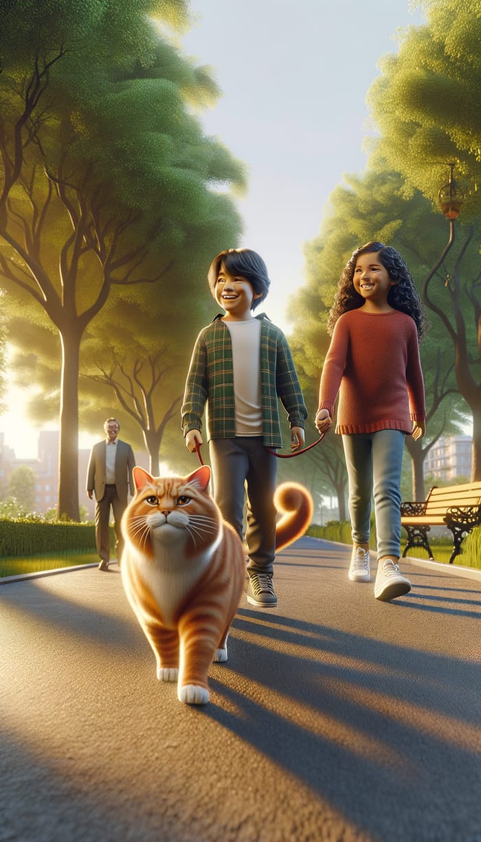 Realistic Portrait of Two 12-Year-Olds Walking in Park with Ginger Cat