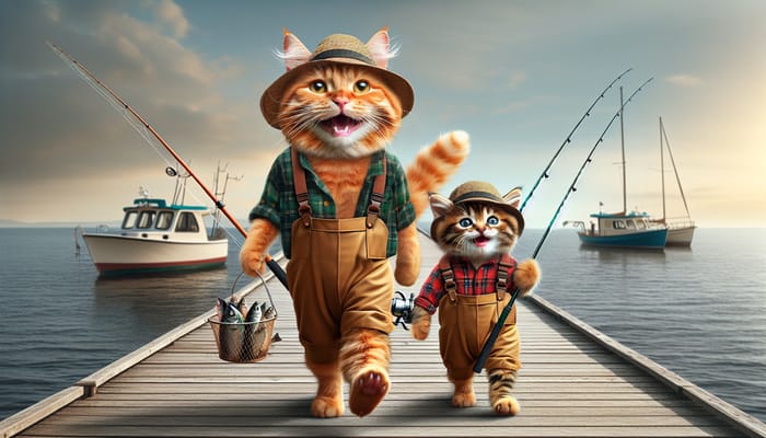 Wholesome Ginger Scottish Cat and Kitten Fishing Scene