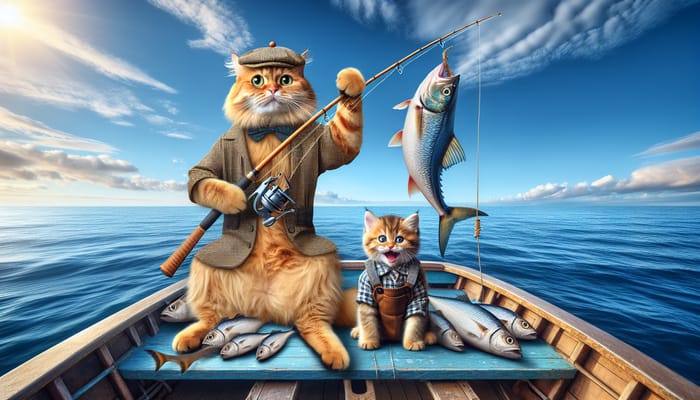 Ginger Cat and Kitten Fishing in Serene Sea | Realistic Art