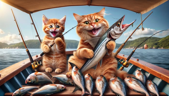 Aesthetic Fishing Scene: Ginger Cats on a Boat with Swordfish