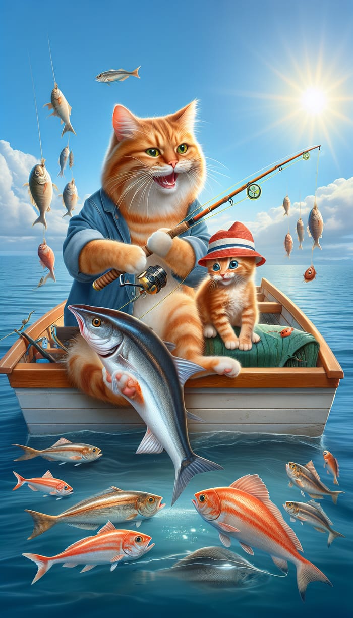 Delightful Fishing Scene: Ginger Scottish Cats Enjoying a High-Resolution Moment