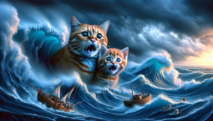 Dramatic Scottish Ginger Cat and Kitten in Turbulent Waves