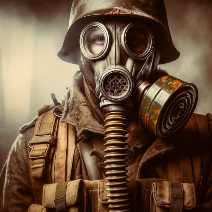 Desperate Fighter in Wartime with Gasmask