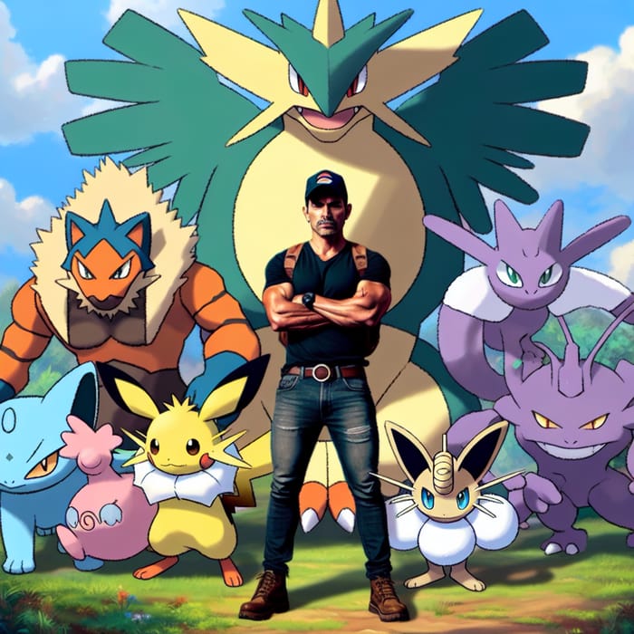 Powerful Pokémon Team featuring Latinx Trainer in Wild Environment