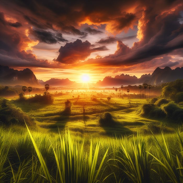 Epic Nature Scenery with Lush Grass & Distant Mountains at Sunset