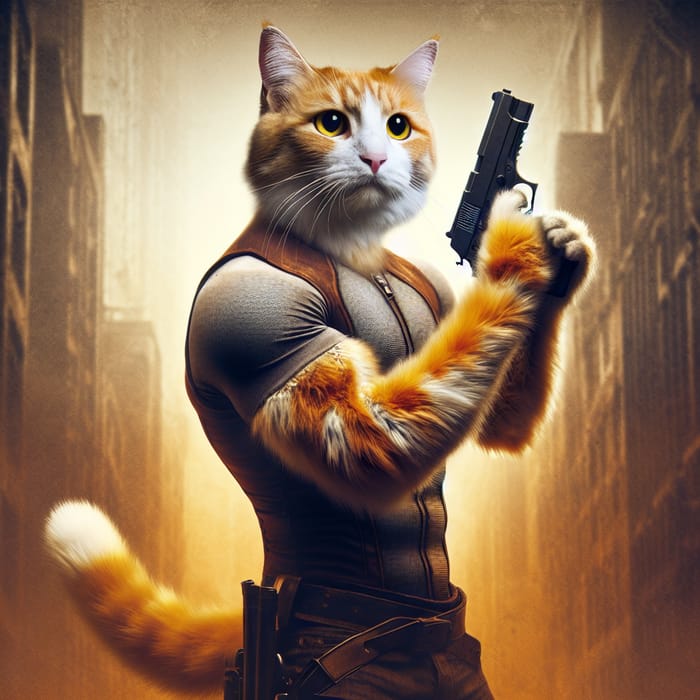 Anthropomorphic Cat with Gun in Dystopian City