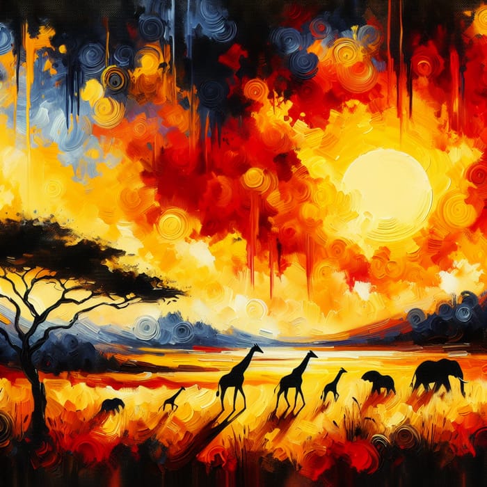 Abstract Sunset Oil Painting | Giraffes, Elephants, Black & Orange