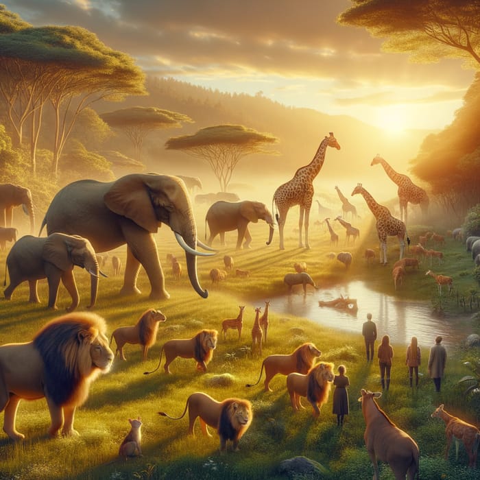 Wildlife Harmony: Majestic Elephants, Lions, and Giraffes in Natural Setting