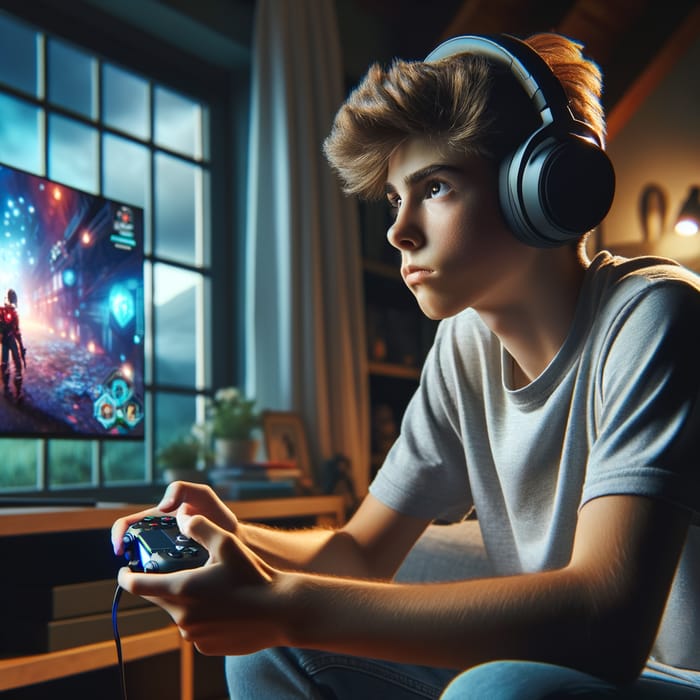 Teen Engrossed in Immersive Video Game Experience