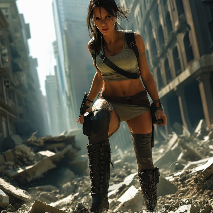 Giantess Lara Croft Crushing Buildings - Photorealistic Apocalyptic Scene