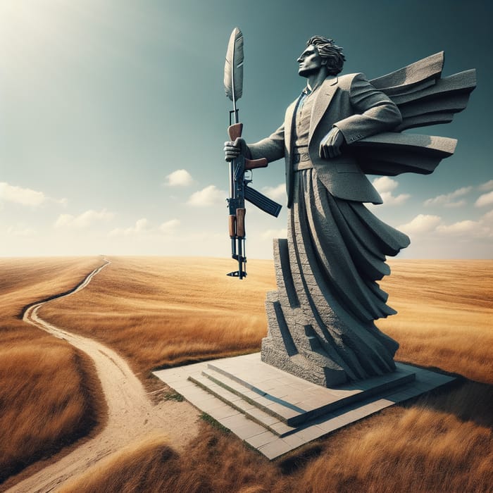 Surreal Monument of Pushkin with AK-47 in Ukrainian Steppe