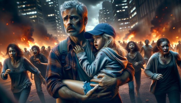 Joel and Sarah Running from Infected in Burning City at Night Joel and Sarah Running from Infected in Burning City at Night