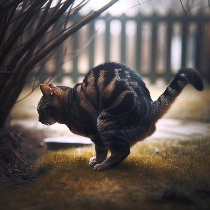 Playful Tabby Cat Pooping in Backyard