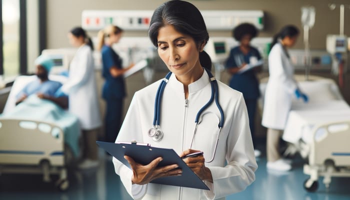 Master Nursing Pro - Expert Female Nurse Reviewing Charts in Hospital Setting