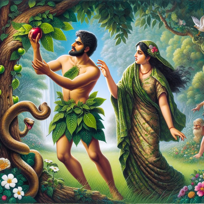 The Story of Adam and Eve in a Lush Garden