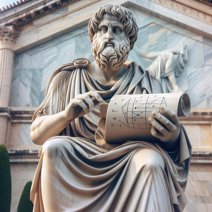 Stone Statue of Pythagoras: Ancient Mathematician Holding a Scroll