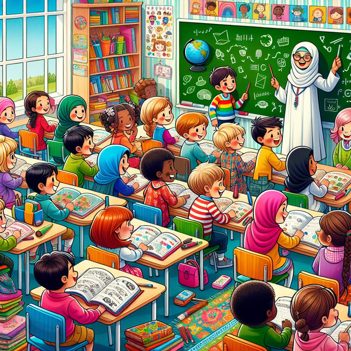 Colorful Classroom Setting with Diverse Students and Teacher