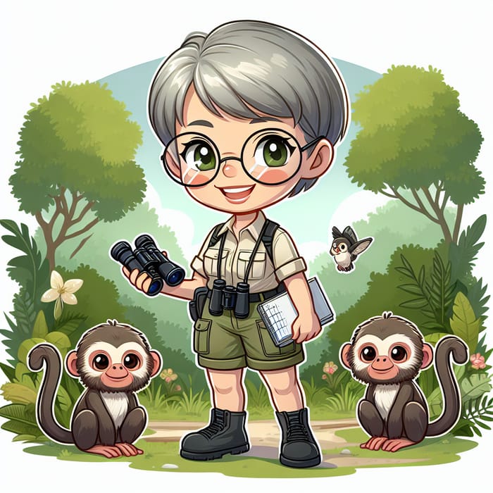 Chibi Pixar Style Illustration of Jane Goodall with Friendly Primates