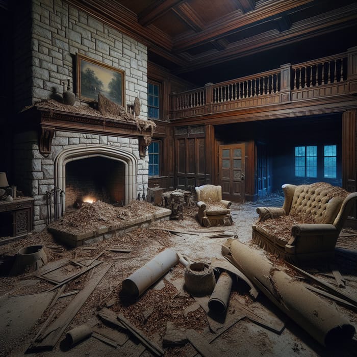 Isolated Abandoned House Interior | Stone Fireplace & Decayed Relics