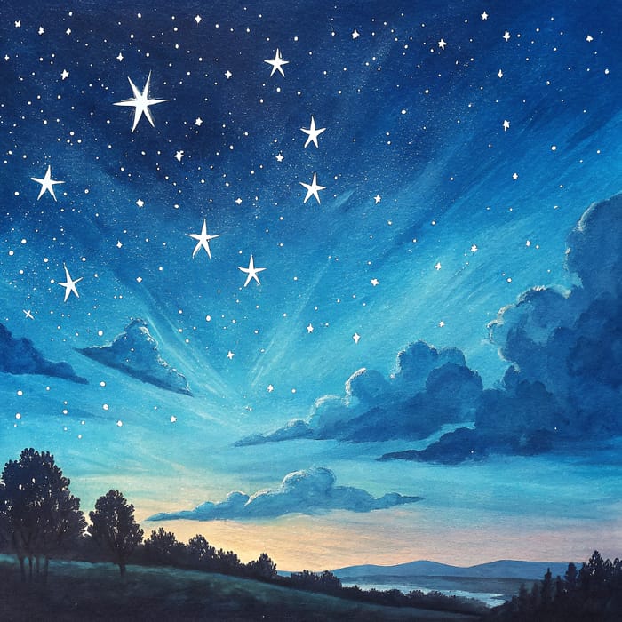 Starry Night Acrylic Painting with Watercolor Effects