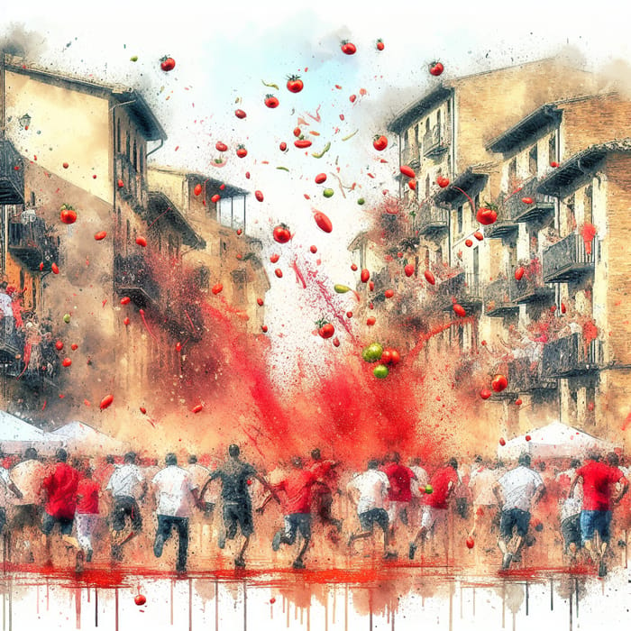 Spanish La Tomatina Festival Watercolor Painting