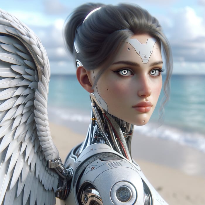 Innocent AI with Angelic Wings - Female Warrior on Seaside Beach