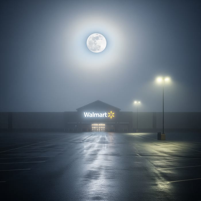 Mysterious Walmart at Night: Fog and Full Moon Mysterious Walmart at Night: Fog and Full Moon