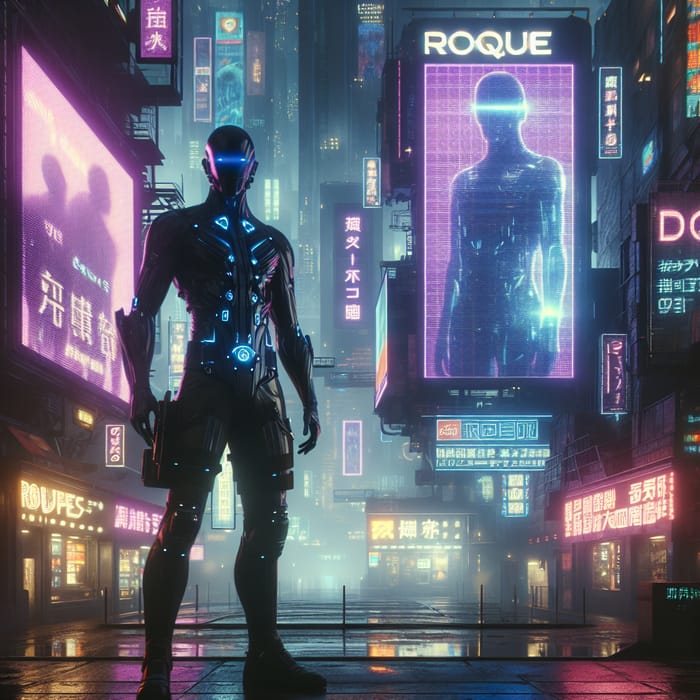 Roque in Neon Cyberpunk City: Futuristic Artwork