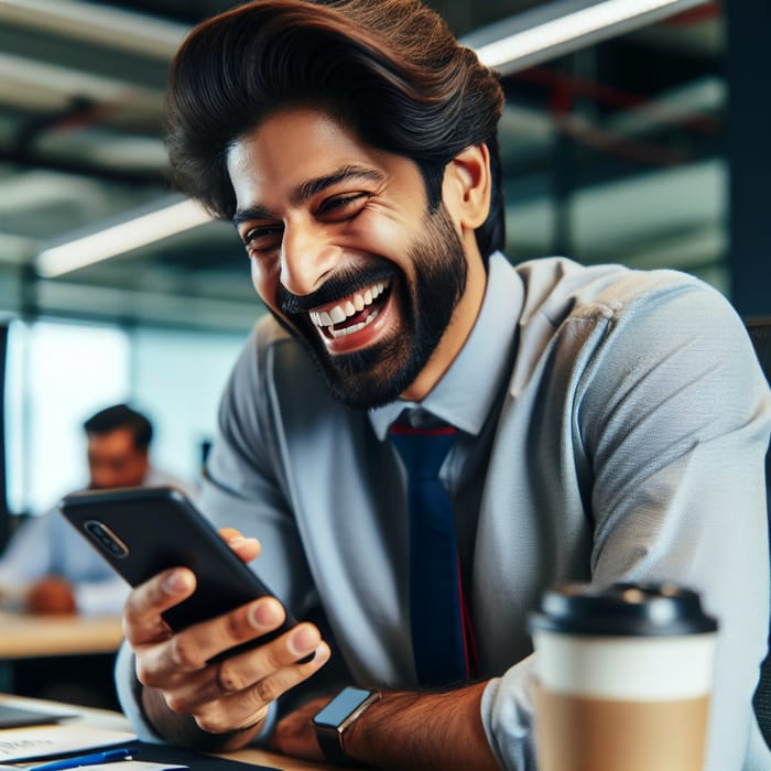 Attractive Man Engaging in Group Chat at Workplace