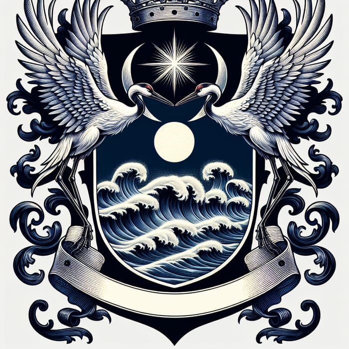 Majestic Coat of Arms Featuring Crane Birds and Serene Moonlit Sea