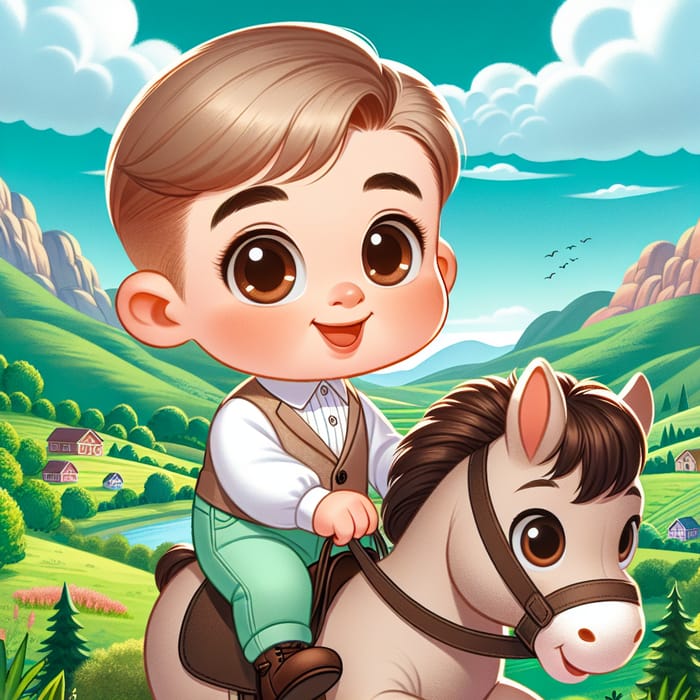 Baby Boy Riding a Horse in a Scenic Valley