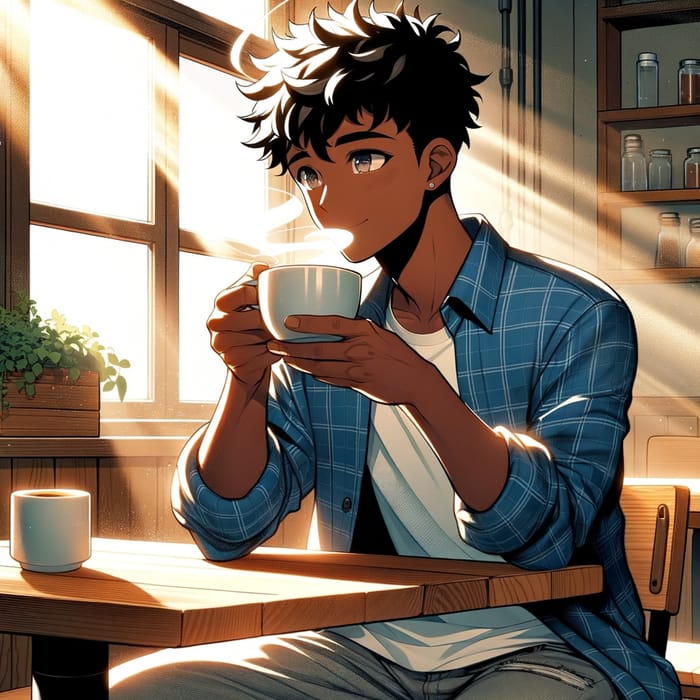 Black Man Enjoying Coffee in Cozy Anime-Style Café