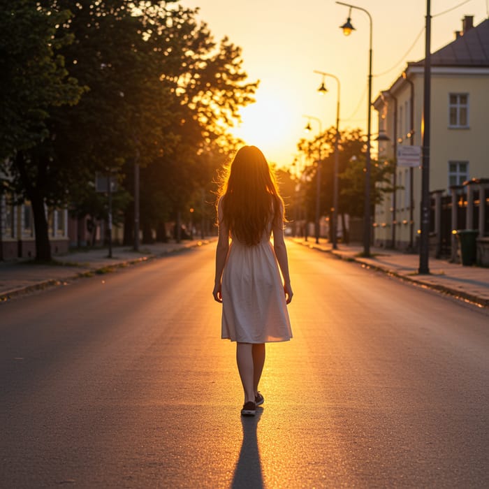 Girl Walking Alone on Empty Street at Sunrise
