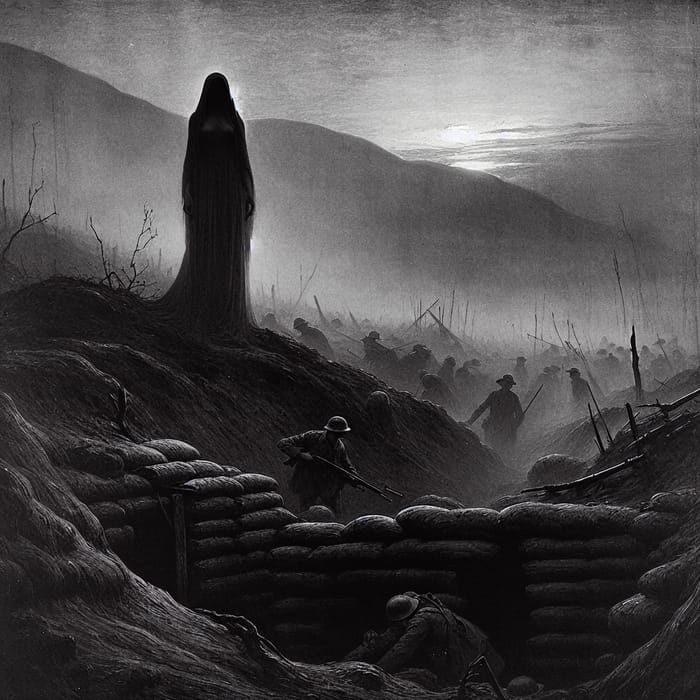 Shadowy Hills at Murky Dawn: Female Figure Rising in Sway Shadowy Hills at Murky Dawn: Female Figure Rising in Sway