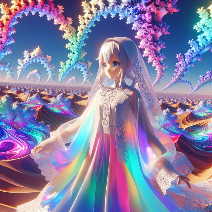 Iridescent Beachwear Anime Character in Fractal Landscape