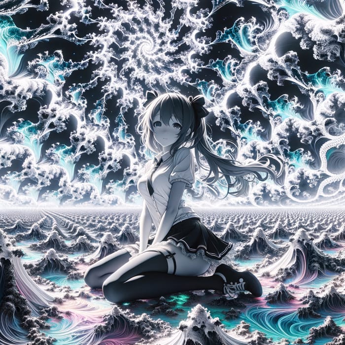 Iridescent Fractals: Anime Character in a Surreal Scene