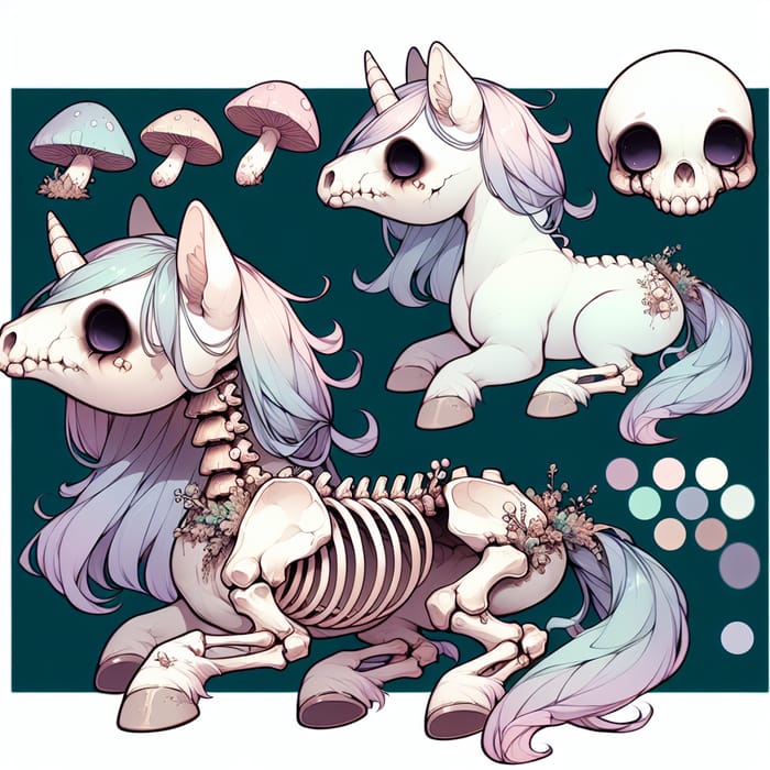 Adorable Chibi-Style Undead Horse Reference Sheet with Pastel Palette