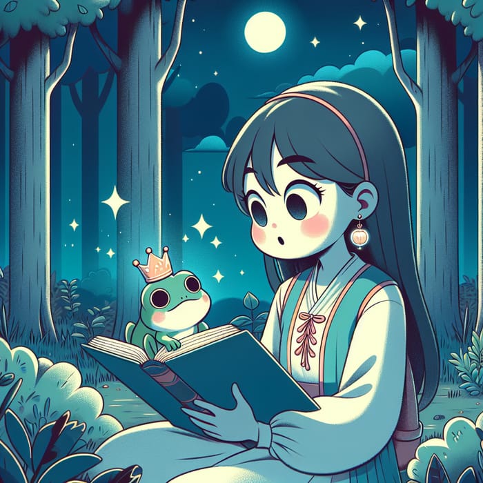 Asian Girl Discovers Whimsical Frog Prince in Serene Night Forest | Cartoon Style