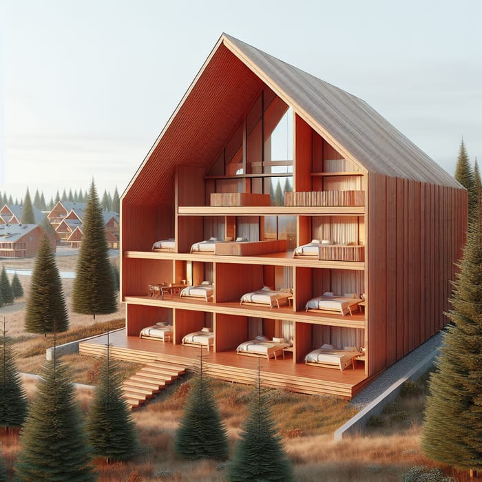 Modern Red Cedar Hotel Residence with Tiered Gable Roof and Pine Trees