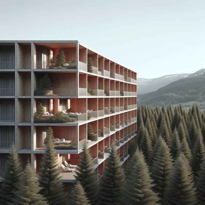 Modern Red Cedar Hotel Residence with Graded Gable, Pine Trees, and 30 Units