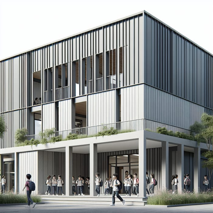 Modern Middle School Entrance | Students Arriving at Green Roof Porch