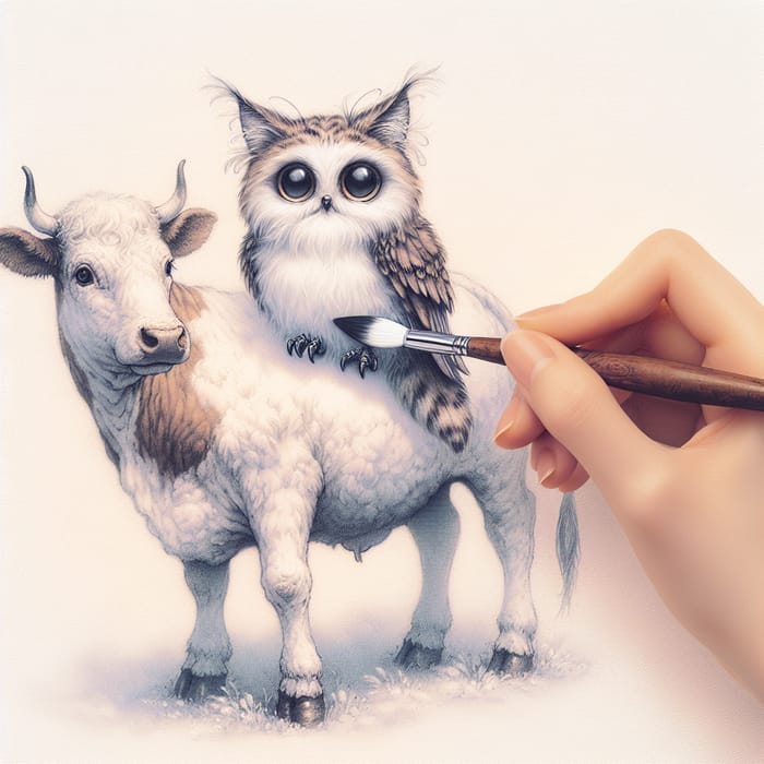 Whimsical Cat Owl and Cow Illustration - Enchanting Scene