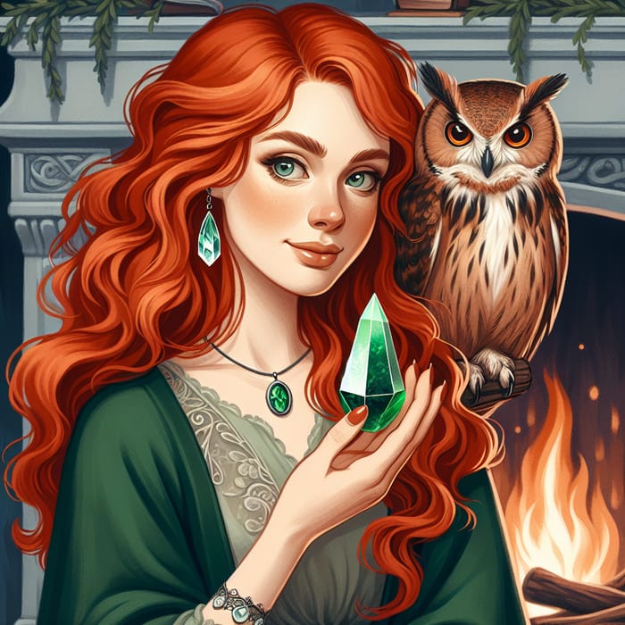 Red-Haired Woman Holding Crystal Pendulum with Green Owl in Fantastical Setting